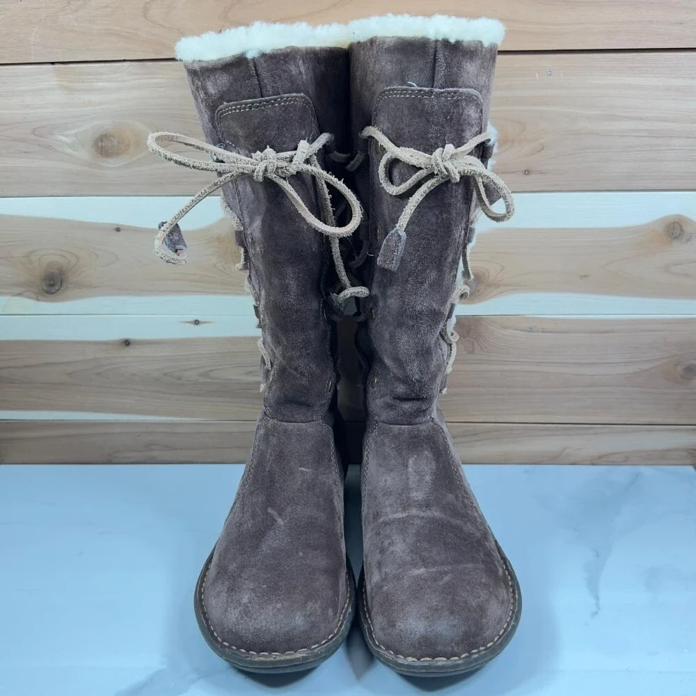 UGG Australia Sunburst Tall Suede Sheepskin Boots Brown Lace Up Womens 7